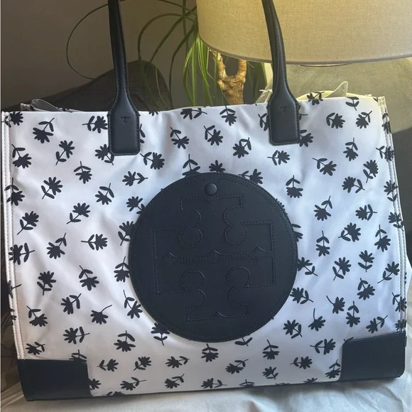 Authentic TORY BURCH Floral LOGO Leather/ soft canvas magneticLG tote